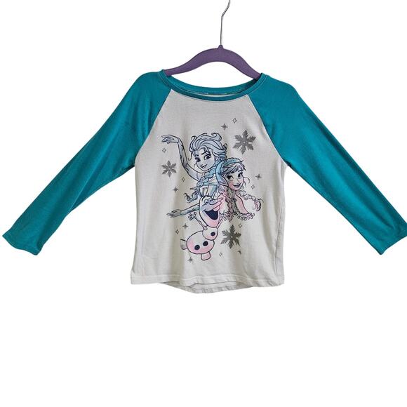 Jumping Beans X Disney Girls 4T Frozen Raglan Baseball Tee White Blue Ana Elsa - Picture 1 of 5